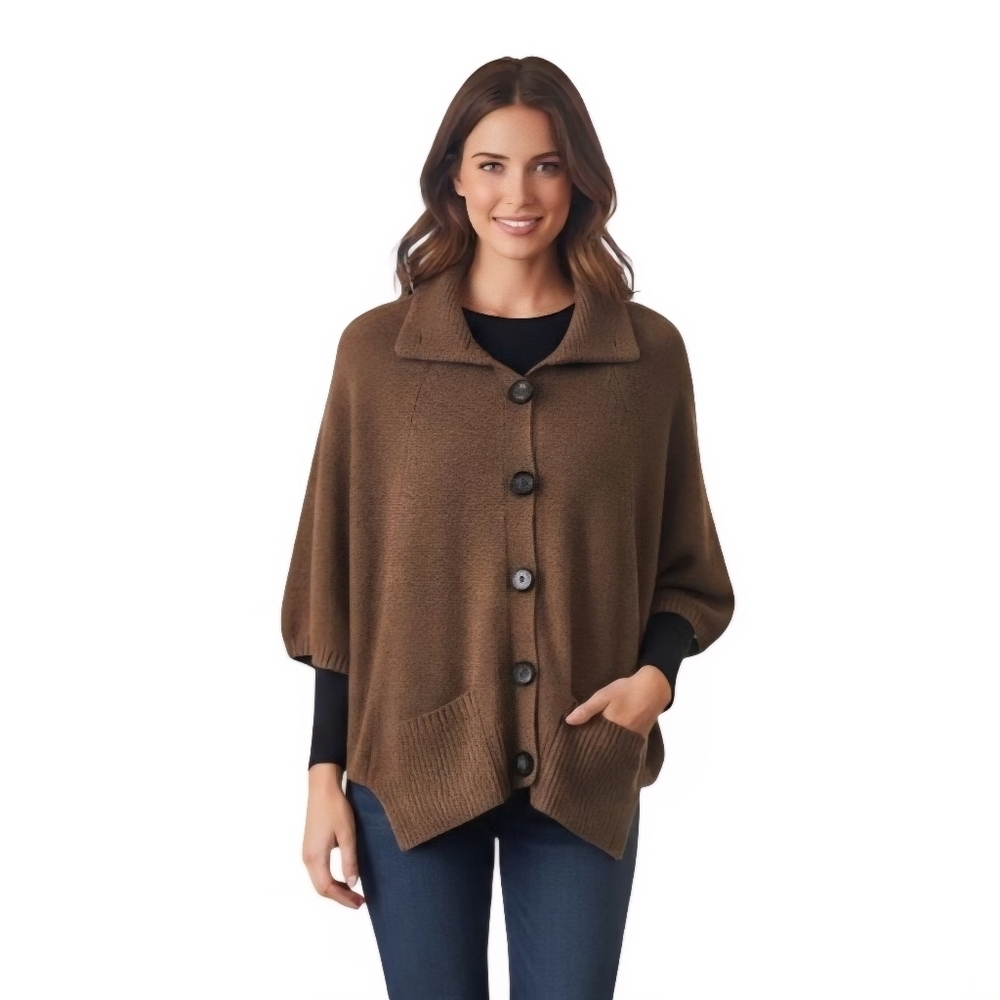 Classiques Entier Brown Alpaca Blend Button Front Poncho Cardigan Sweater Size S - Picture 1 of 8